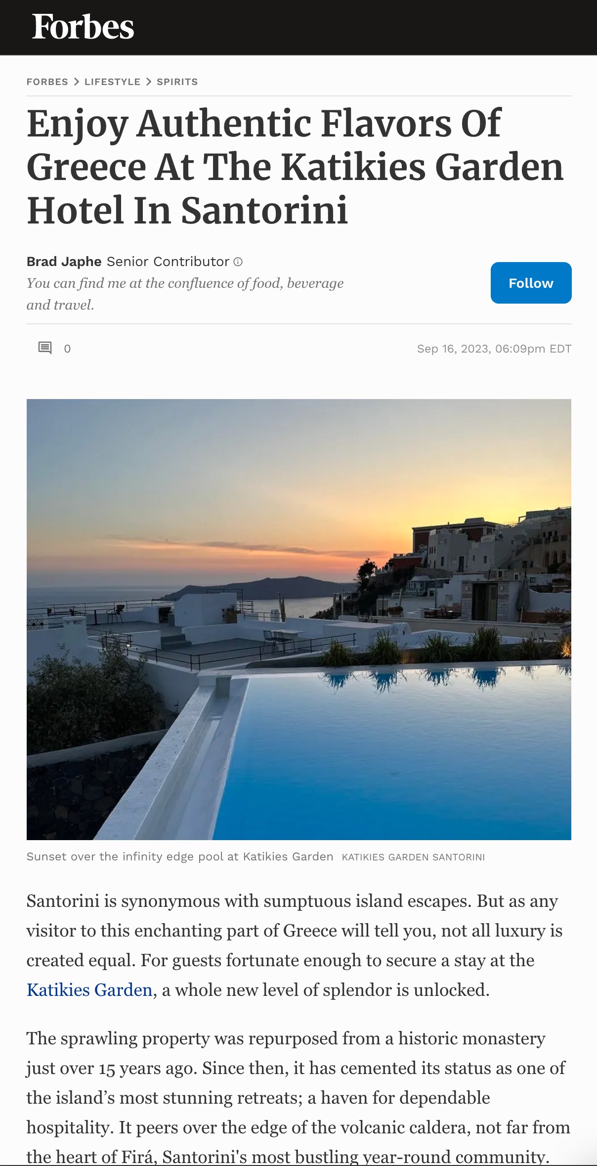 Forbes Enjoy Authentic Flavors Of Greece At The Katikies Garden Hotel In Santorini